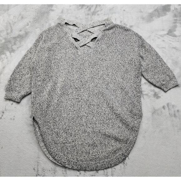 Express Sweater Women M Black Gray Marl Knit Extreme Circle Hem Tunic Cross Back - Picture 2 of 9